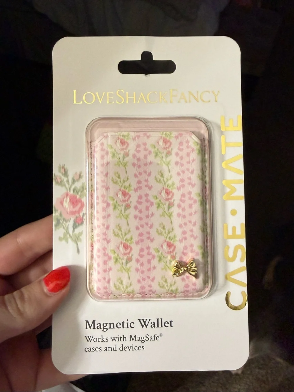 LoveShackFancy Pink Floral Magnetic Card Wallet with Gold Bow